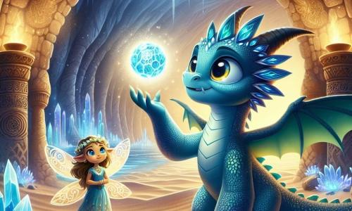 Em um vasto e misterioso deserto, um jovem dragão chamado Zafir, com escamas azul-vivo brilhantes como o céu ao crepúsculo, está no centro da imagem. Seus grandes olhos expressam determinação e admiração enquanto observa uma esfera luminosa flutuando diante dele, pronta para ser agarrada. Perto dele, uma pequena fada de cerca de 10 anos, com asas cintilantes, observa com um sorriso encorajador. Ela tem cabelos dourados que brilham como raios de sol e usa um vestido feito de pétalas de flores. O cenário é uma caverna majestosa, com paredes adornadas por cristais brilhantes e símbolos antigos, iluminada por uma luz suave e mágica. Ao fundo, uma fonte de água cristalina reflete as cores dos cristais, adicionando uma atmosfera encantadora à cena. Zafir se prepara para realizar um antigo ritual para provar seu valor unindo a chama eterna e a pedra do tempo, cercado pelo brilho dos cristais e pela magia da caverna.