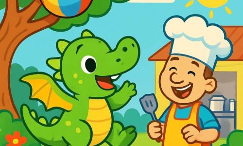 A little dragon named Benny, with shiny green scales and jelly-shaped wings, is joyfully jumping in a sunny garden. His mischievous sparkling eyes reflect his happiness, and his round belly makes a wiggle-waggle sound with each jump. Next to him, a jovial chef, a man around 40 with a tall white hat and a colorful apron, laughs while holding a spatula. He stands near a large kitchen in the background, surrounded by shiny pots and pans. The garden is filled with colorful flowers, well-trimmed bushes, and a large tree with twisted branches, where a big colorful balloon is stuck. Benny the dragon tries to catch the balloon by jumping and flapping his wings, while the amused chef watches the scene with a bright smile.