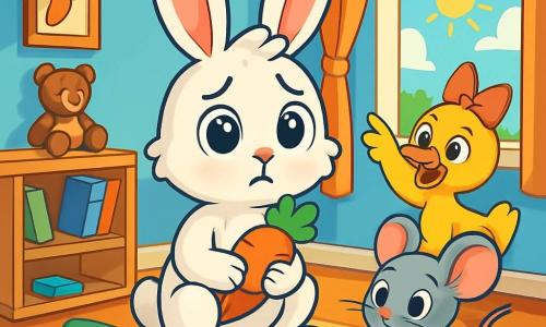 Benny Bunny, a small white rabbit with big ears, is sitting in his messy room, looking guilty and worried. His eyes are wide and bright, and his fur is soft and fluffy. He holds a carrot-shaped plush toy in his front paws, looking around. Daisy Duck, a small bright yellow duck with a pretty red bow on her head, stands next to Benny, her eyes round with excitement and a mischievous smile on her beak. She is pointing to the garden through the window, where the sun is shining. Max Mouse, a small gray mouse with big ears and a curious expression, is sitting on the floor, picking up scattered toys. He looks at Benny with concern, his little paws holding a building block. The scene takes place in Benny's room, filled with colorful toys, scattered books, and stray socks. The walls are painted pastel blue, and a ray of sunlight filters through the window, illuminating the room. The main situation shows Benny realizing he lied to avoid cleaning his room, while his friends encourage him to be honest and ask for help, creating an atmosphere of camaraderie and support.