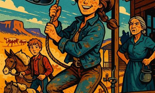 Hoofdpersonage: een jonge cowgirl van ongeveer 16–18 jaar, lichtbruin haar in een rommelige vlecht, stoffig gezicht maar vastberaden glimlach, trekt krachtig aan het touw van een grote glimmende metalen bel, energieke houding, versleten leren laarzen en een gevlekte denimjas; bijpersonages: een jongen van ±14 met rood, onverzorgd haar en sproeten, nerveuze maar trotse blik, houdt de teugels van een klein bruinen paard en trekt een houten slee met een grote kist gemarkeerd 
