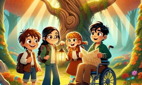 En un claro de un bosque encantado, cuatro pequeños aventureros están listos para su búsqueda. Tomás, un niño de 11 años con cabello castaño alborotado y gafas redondas, mira un viejo mapa con determinación. A su derecha, Clara, una niña de 10 años con trenzas rubias y ojos brillantes, señala un majestuoso árbol con entusiasmo. Luis, un niño de 11 años con cabello negro y una sonrisa traviesa, sostiene una linterna que ilumina el camino, mientras que Pablo, un niño de 11 años en silla de ruedas, sonríe con confianza, rodeado de sus amigos. El lugar es una hermosa clara bañada de luz dorada, rodeada de árboles de hojas coloridas, donde crecen flores brillantes a sus pies. Los rayos de sol filtran a través de las ramas, creando una atmósfera mágica y acogedora. Los cuatro amigos se preparan para resolver enigmas planteados por criaturas mágicas para descubrir el tesoro escondido en el corazón del Bosque Encantado, llenos de emoción y curiosidad, listos para vivir una aventura inolvidable juntos.