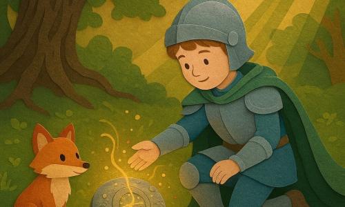 Un giovane cavaliere ragazzo dal volto dolce e sorridente, armatura argentata con riflessi blu e mantello verde spiegazzato, ginocchio sul suolo muschioso mentre tende la mano verso una pietra antica scintillante; è concentrato e pieno di speranza. Accanto a destra una piccola volpe rossa dagli occhi vivi, pelo morbido, orecchie alzate, postura curiosa e incoraggiante. Sullo sfondo un grande albero nodoso e antico con corteccia marcata e radici allargate che circondano la radura, foglie a strati e raggi di sole dorati che filtrano tra i rami. Al centro la pietra del sigillo, rotonda, incisa con motivi luminosi, una fessura dorata si apre emanando scintille e volute di luce. La radura è tappezzata di muschio verde con funghi colorati e fiori in stile carta ritagliata, atmosfera calda e magica, palette di verdi, ori e rossi tenui. Composizione centrata, stile carta ritagliata definito, contorni leggermente in rilievo, texture visibili, atmosfera pacifica ed eroica adatta a una copertina o illustrazione a piena pagina.