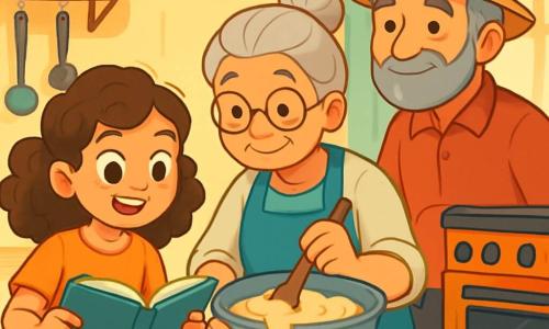 Una niña de 10 años, Lucía, con cabello rizado castaño y ojos llenos de curiosidad, se encuentra frente a una mesa de madera en una cocina luminosa. Sonríe con alegría y determinación, sosteniendo un libro de recetas abierto. A su lado, su abuela, una mujer mayor con cabello gris recogido y gafas redondas, mezcla una masa en un gran bol de metal, mostrando una expresión dulce y alentadora. Un vecino, el señor Tomás, un hombre de unos 60 años con barba gris y sombrero de paja, está cerca del horno, observando con admiración y listo para ayudar. La cocina es acogedora, con paredes pintadas de amarillo pastel, estanterías llenas de tarros coloridos de especias y utensilios brillantes colgados del techo. Un aroma de manzanas y canela flota en el aire, creando un ambiente cálido. Lucía, concentrada y entusiasta, lee la receta en voz alta mientras la masa se desborda ligeramente del bol, añadiendo emoción y caos a esta escena alegre de colaboración culinaria.
