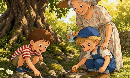 Ci sono tre persone: Marco, bambino di 4 anni, capelli castani corti, maglietta a righe rosse e bianche e pantaloncini kaki, accovacciato a sinistra della sorgente con un dito nell'acqua limpida e sguardo stupito; Tommaso, bambino di 4 anni, capelli biondi ricci, berretto blu e salopette di jeans, seduto a destra e pronto a posare una piccola pietra arancione vicino all'acqua; la nonna, donna di circa 70 anni, capelli grigi raccolti, grande cappello di paglia e abito a fiori, in piedi dietro i bambini con una mano sulla spalla di Tommaso e l'altra che tiene una bottiglietta d'acqua. Luogo: una radura ombrosa ai piedi di un vecchio fico con erba e margherite, muschio sulle pietre e un piccolo bacino roccioso dove l'acqua scorre a filo, alcuni ciottoli colorati sul bordo e luce calda del tardo pomeriggio tra le foglie. Situazione: i due bambini scoprono una piccola sorgente magica e posano i loro ciottoli vicino all'acqua mentre la nonna li osserva affettuosamente; scena intima e tranquilla, colori e espressioni dolci, atmosfera estiva pacifica.
