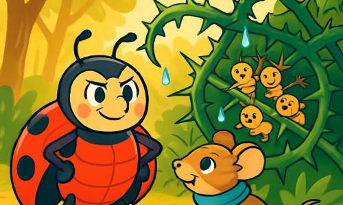 A bright red ladybug with black spots stands bravely at the center of the image, displaying a determined and joyful expression. Next to it, a small brown mouse with sparkling eyes and a little blue scarf admires the ladybug. In the background, a patch of thorny brambles rises, with shiny green leaves and sparkling raindrops falling from the branches. The scene takes place in Greenleaf Forest, where sunlight filters through the leaves, creating golden patterns on the ground. The ladybug and the mouse work together to free a small group of baby insects trapped in the thorns, illustrating a moment of courage and friendship.