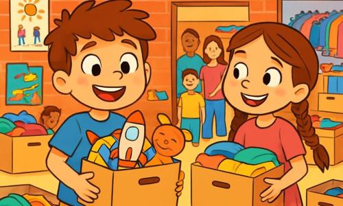 Un niño de 8 años, llamado Martín, con el cabello castaño despeinado y ojos llenos de curiosidad, sonríe alegremente mientras sostiene una caja llena de juguetes y libros. Lleva una camiseta azul con un dinosaurio y un pantalón corto amarillo brillante, mostrando su entusiasmo y determinación para ayudar. A su lado, Lucía, una niña de 8 años con largas trenzas castañas y un vestido rosa, lo anima con una gran sonrisa, sosteniendo otra caja llena de ropa colorida. Ella se queda un poco atrás, observando a Martín con admiración. Están en el centro comunitario, un gran edificio de ladrillos rojos, decorado con guirnaldas coloridas y dibujos de niños en las paredes. Dentro, estanterías llenas de ropa y juguetes, y familias sonrientes se mueven, intercambiando risas e historias. La escena principal muestra a Martín y Lucía preparando una colecta de donaciones para ayudar a familias necesitadas, rodeados de cajas llenas de tesoros, simbolizando la ayuda mutua y la solidaridad, mientras otros niños y adultos se unen con entusiasmo, creando una atmósfera alegre y cálida.