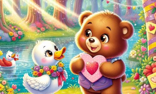 O Pequeno Urso, um adorável urso marrom com pelagem macia e olhos brilhantes de curiosidade, está à beira de um lago cintilante, com um grande sorriso iluminando seu rosto enquanto segura um bonito cartão em forma de coração. Ao seu lado, Pata, uma gralha graciosa com penas brancas e um bico amarelo-vivo, olha para o Pequeno Urso com olhos brilhantes de alegria, oferecendo-lhe uma guirlanda de flores coloridas. Ao fundo, a floresta está cheia de árvores verdejantes, flores vibrantes e raios de sol filtrando pelas folhas, criando uma atmosfera acolhedora e festiva. A cena principal mostra o Pequeno Urso e Pata celebrando sua amizade durante uma festa de Dia dos Namorados, cercados por cartões coloridos e risadas, compartilhando momentos de felicidade à beira do lago.