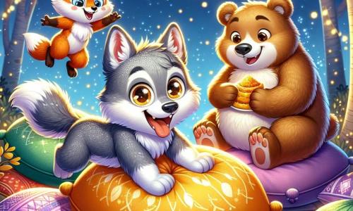 Um pequeno lobo chamado Lupi, com pelagem cinza e olhos curiosos, dança alegremente sobre uma grande almofada colorida, com um sorriso radiante no rosto. Ao seu lado, uma raposa ruiva chamada Fifi, com uma cauda espessa e olhos travessos, ri alto enquanto tenta pular em outra almofada. Um urso chamado Bolota, grande e redondo com pelagem marrom e um ar faminto, observa um pouco afastado, saboreando um delicioso bolo de mel, com os olhos brilhando de felicidade. O cenário é uma colina encantada, iluminada por luzes cintilantes, com árvores de folhas douradas e um céu estrelado ao fundo. A cena transmite uma atmosfera festiva e mágica, repleta de risos e alegria, enquanto os amigos se divertem juntos em um grande baile de almofadas.