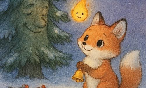 The main character is a small red fox with bright eyes, soft cheeks and a fluffy snow-dusted tail, holding a tiny glowing bell between its paws; a secondary character is a tall dark-green anthropomorphic fir tree with snow-laden branches and a kindly carved face leaning gently from the left; another secondary character is a tiny yellow-orange candle-flame spark hovering above a branch, joyfully illuminating the fox's face; the setting is a snowy clearing at twilight under a blue-violet sky with a glittering snow carpet and scattered red berries and pine cones; the scene shows the fox returning the glowing bell to the tree while the little flame dances, creating a warm, magical Christmas atmosphere.