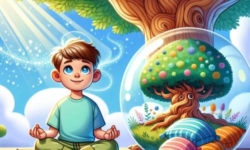Un băiat de 12 ani, Radu, cu părul castaniu deschis și ochii plini de curiozitate, stă în poziția lotus pe un covor de yoga moale, cu un zâmbet liniștit pe față. Poartă un tricou albastru deschis și o pereche de pantaloni scurți din bumbac, înconjurat de perne colorate. Lângă el, un copac mare și măreț, cu ramuri întinse și frunze verzi strălucitoare, pare să-i șoptească secrete. Copacul, un personaj secundar important, are un trunchi lat și noduros, cu o textură aspră, iar frunzele lui dansează ușor în vânt, creând o atmosferă pașnică. Locul este sub un cer albastru deschis, presărat cu nori albi și pufoși, unde Radu plutește într-o bulă transparentă, înconjurat de o lumină aurie și blândă, ca un vis treaz. Situația principală îl arată pe Radu respirând profund, cu ochii închiși, în timp ce se conectează la magia naturii, simțind o profundă pace interioară și o armonie cu lumea din jur.