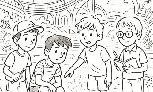 There are four children: - A boy named Leo, almost 8 years old, with a freckle on his left eyebrow, wearing a striped t-shirt, crouching near the fountain, listening intently to the water's murmur. - A boy named Ari, also almost 8, with tousled hair, wearing shorts and a t-shirt, standing next to Leo, pointing at the fountain. - A boy named Milo, with a cap equipped with a small light, holding a small screwdriver, standing to Leo's left, ready to help. - A boy named Ben, with glasses and a small notebook in hand, to Leo's right, observing the scene with curiosity. The setting is a central fountain in a futuristic city, surrounded by glass walkways and hanging gardens. The circular fountain is adorned with twinkling lights and gentle mist rising in the air. Around it, exotic plants and curved metal benches welcome passersby. The main situation shows the children repairing the fountain. Leo listens to the water's sound, Ari points out an important detail, Milo is ready to intervene with his tools, and Ben takes notes. The atmosphere is dynamic and full of cooperation, with details of the futuristic city in the background, like curved towers and suspended bridges.