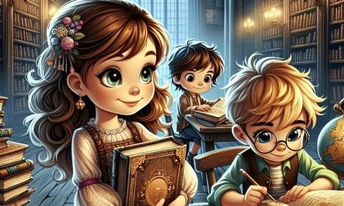 Siedmioletnia dziewczynka Zosia z długimi kręconymi włosami i błyszczącymi oczami stoi w starej bibliotece. Ma na sobie kolorową sukienkę i trzyma dużą książkę z złotą okładką, a jej twarz wyraża podekscytowanie i determinację. Obok niej Kacper, ośmioletni chłopiec z rozczochranymi blond włosami i figlarnym uśmiechem, uważnie przygląda się starej mapie, pochylony nad drewnianym stołem. Ania, siedmioletnia dziewczynka w okrągłych okularach i gładkimi włosami związanymi w kucyk, notuje coś ołówkiem, wyglądając na skoncentrowaną. Biblioteka jest wypełniona dużymi ciemnymi regałami z zakurzonymi książkami, a promienie światła filtrują się przez stare okna, tworząc tajemniczą atmosferę. W tle globus i stare mapy dodają przygodowej aury. Scena przedstawia Zosię, Kacpra i Ani w trakcie śledztwa, otoczonych książkami i mapami, poszukujących wskazówek do rozwiązania tajemnicy "Księgi Tajemnic Czasu", z wyrazami koncentracji i ekscytacji na twarzach.