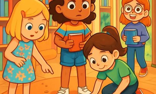 There are 4 children: Emma, a 9-year-old girl with curly brown hair, wearing a colorful striped shirt and denim shorts, holding a small red notebook and standing in the center with a determined look; Lily, an 8-year-old girl with smooth blonde hair, wearing a floral dress and sandals, standing to the left of Emma, curiously looking at the ground while pointing at a trail of cookie crumbs; Mia, a 9-year-old girl with brown hair in a ponytail, dressed in a green t-shirt and black pants, squatting to the right of Emma, examining an open book on the floor; and Sophie, an 8-year-old girl with red hair and round glasses, wearing a purple sweater and jeans, slightly behind, smiling and holding a book, ready to help. The setting is a bright and welcoming library with large shelves filled with colorful books. Sunlight filters through the windows, illuminating a cozy reading nook with soft cushions and a small wooden table. A soft rug on the floor is scattered with cookie crumbs leading to a green garden visible through the back door. The main situation shows the children investigating a trail of cookie crumbs that leads them to a sleeping kitten surrounded by scattered books, with expressions of surprise and excitement, ready to solve the mystery of the missing books.