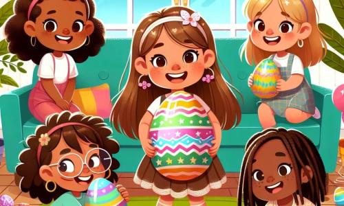 Four joyful little girls stand in a colorful living room, surrounded by Easter decorations. Lucy, a 7-year-old with long brown hair and glasses, smiles while holding a large chocolate egg in her hands at the center of the image. Mia, a 6-year-old with braided blonde hair, is to Lucy's left, searching under the couch with a big smile, holding a colorful egg. Bella, a 7-year-old with red hair and freckles, is to Lucy's right, holding up a yellow egg with stars, her eyes shining with excitement. Zoe, a 5-year-old with curly black hair, is crouched near the plants, holding a green egg with a curious and joyful look. The living room is decorated with colorful balloons, paper egg garlands, and a bright green rug. Chocolate eggs and small toys are scattered on the floor, creating a festive and cheerful atmosphere. The girls are in the middle of an egg hunt, laughing and encouraging each other, while a ray of sunshine brightens the room, adding to the magic of this Easter day.