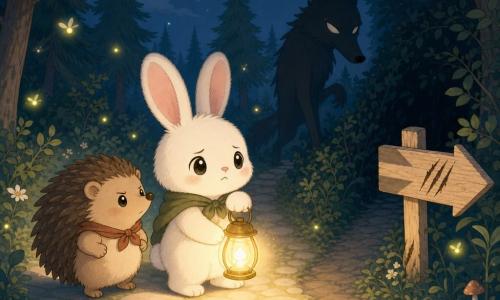 Pip is a small white rabbit with soft fur, large pink ears, a round face and bright eyes, looking worried but determined, holding a golden glass lantern that casts a warm circle of light. The Big Bad Wolf is a slim, smoky-gray silhouette with a long snout and milk-colored piercing eyes, lurking at the edge of the light in the shadows. Nib is a small brown hedgehog with a round, stylized-spined body, brave and supportive, standing just behind Pip to the left, looking toward the dark copse. In the background a pale stone 