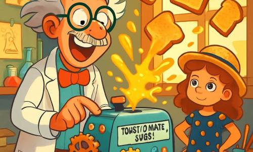 An eccentric man, Professor Wiggleworth, with messy hair and round glasses sliding down his nose, stands in his workshop. He has a delighted smile on his face, his eyes sparkling with excitement as he manipulates a bizarre machine, the Toast-o-Matic 3000, filled with colorful buttons and shiny gears. Next to him, a curly-haired girl, about 8 years old, watches curiously with her hands on her hips, dressed in a polka-dot dress and a straw hat. She stands slightly back, fascinated by the spectacle. The workshop is a creative chaos, filled with spare parts, sketches on the walls, and splattered paint bottles, all bathed in golden light filtering through the open windows. In the center of the scene, the professor presses a big red button, and slices of golden bread fly through the air, while a cloud of butter joyfully splashes around him. The scene is full of movement and bright colors, capturing the energy and enthusiasm of this whimsical invention.