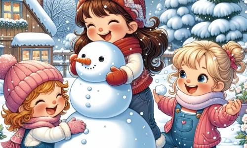 Tres niñas de tres años están jugando en un jardín nevado. Lila, con largos cabellos castaños y una bufanda roja, está haciendo una bola de nieve para un muñeco de nieve. Al lado de ella, Sofía, con cabello rizado y un overol azul, sonríe sosteniendo una zanahoria para la nariz del muñeco. Finalmente, Ana, con cabello rubio y una chaqueta rosa, se divierte lanzando nieve al aire, creando una lluvia brillante a su alrededor. El jardín está cubierto de copos de nieve que caen suavemente, cubriendo el suelo con un espeso manto blanco. Los árboles con ramas cargadas de nieve se alzan al fondo, y una pequeña casa de madera con humo saliendo de la chimenea se encuentra al lado. Las tres amigas se divierten construyendo un muñeco de nieve, riendo y jugando juntas, rodeadas por la magia del invierno.