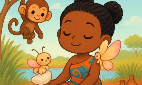 The main figure is a serene African weaver with warm brown skin and black braided buns, wearing an orange-and-blue wrapped cloth, seated cross-legged on a red-soiled riverbank, smiling with her hands on a smooth pebble as she listens to the wind; behind her a small mischievous brown monkey-boy hangs from an acacia branch and watches, while a tiny delicate butterfly-girl with pastel pink-and-yellow wings perches on a white shell the woman holds to her ear; tall green grasses ripple, a broad acacia with fine branches and light leaves stands nearby, calabashes and woven fabrics lie around, and warm sunlight and a gentle breeze move the leaves and cloth under a pale blue sky with soft clouds.