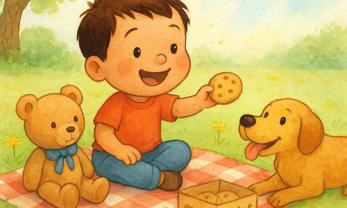 Un niño de 2 años, Paco, sonriente y maravillado, cabello castaño corto y mejillas redondas sonrosadas, sentado sobre una pequeña manta a cuadros rojo y blanco extendiendo una galleta hacia el centro del picnic; un osito de peluche marrón claro, Tomás, con un lazo azul junto a él como participante del intercambio; un perro mediano llamado Max, pelaje dorado y lengua fuera, tumbado cerca con la cabeza vuelta hacia Paco como esperando la galleta; una hilera de hormigas negras brillantes subiendo hacia la caja de galletas sobre la manta; jardín con césped verde texturado, flores amarillas y margaritas, árbol a la izquierda con sombra suave y cielo azul pálido con salpicaduras de acuarela; escena de picnic alegre donde Paco comparte y ríe, animales y hormigas curiosos, luz cálida, colores suaves y composición centrada en la manta y los personajes.