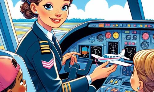 Eine Pilotin, Lisa, steht im Mittelpunkt des Bildes, lächelnd und voller Enthusiasmus, mit braunen, zu einem Dutt gebundenen Haaren und einem marineblauen Pilotenkombine. Sie sitzt im Cockpit eines kleinen Flugzeugs, umgeben von bunten Steuerungen und Instrumenten, ihre Augen strahlen Entschlossenheit aus, während sie den Kindern erklärt, wie man fliegt. Rechts von ihr schaut ein 8-jähriger Junge mit roter Mütze fasziniert zu, seine Augen weit aufgerissen und ein großes Lächeln auf seinem Gesicht. Er hält ein kleines Plastikflugzeug in den Händen. Links von Lisa beobachtet ein 9-jähriges Mädchen mit braunen Zöpfen aufmerksam, ihre Hände auf den Knien, gespannt darauf, zu lernen. Das Cockpit ist hell erleuchtet, mit Fenstern, die einen blauen Himmel mit weißen Wolken zeigen, und im Hintergrund sieht man die Landebahn eines geschäftigen Flughafens mit anderen Flugzeugen am Boden. Die Hauptsituation zeigt Lisa, die den Kindern erklärt, wie das Flugzeug funktioniert, mit glänzenden Instrumenten und bunten Tasten, während sie bereit sind, für ihren ersten Flug zu starten, voller Aufregung und Neugier.