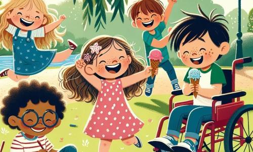 In a sunny park, five friends gather under a large weeping willow. Mia, an 8-year-old girl with curly blonde hair in a pink polka dot dress, dances joyfully with her arms raised and a big smile. Sam, a 7-year-old boy with messy brown hair and round glasses, jumps in place laughing with an ice cream cone in hand. Leo, an 8-year-old boy with black hair and freckles, wears a blue t-shirt and does a little twirl, showing his excitement. Ava, a 7-year-old girl with brown hair and a flower-shaped hairpin, holds a sketchbook and draws colorful ice creams. Max, a 9-year-old boy with short hair and a bright smile, is in his red wheelchair, holding a large bowl of ice cream and laughing with his friends. The park is filled with colorful flowers, fluttering butterflies, and a bright blue sky. In the distance, a colorful ice cream truck with twinkling lights can be seen. The scene captures the friends singing a funny song about ice cream, their faces lit up with happiness, while a playful big dog approaches, ready to knock over their bowl of ice cream.