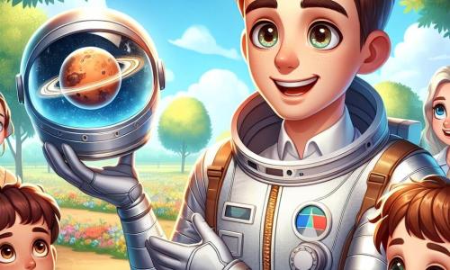 Mężczyzna astronauta, Marek, stoi na środku obrazu, ubrany w błyszczący srebrny skafander kosmiczny z przezroczystym hełmem, z szerokim uśmiechem pełnym entuzjazmu. Ma brązowe włosy i błyszczące z ciekawości oczy, trzymając w ręku mały model planety Mars. Obok niego stoi dziesięcioletni chłopiec, Tomek, z kasztanowymi włosami i błyszczącymi oczami pełnymi ekscytacji, z podkrzyżowanymi na piersi rękami, jakby już marzył o kosmosie. W pewnej odległości znajduje się grupa trzech dzieci, dwóch dziewczynek i chłopca, uważnie słuchających, ich twarze rozświetlone zdumieniem. Scena rozgrywa się w słonecznym parku, z zielonymi drzewami w tle i kolorowymi kwiatami, które dodają życia otoczeniu. Nad nimi rozciąga się jasnoniebieskie niebo, usiane kilkoma puszystymi białymi chmurami. Główna sytuacja pokazuje Marka dzielącego się fascynującymi historiami o swoich przygodach w kosmosie, przyciągając uwagę dzieci, które marzą o zostaniu astronautami.