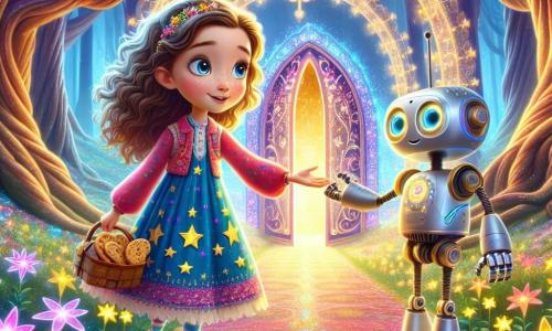 Al centro dell'immagine, una ragazza di 8 anni di nome Stella, con lunghi capelli ricci e occhi brillanti di curiosità, si trova davanti a un grande portale scintillante. Indossa un vestito colorato decorato con stelle e uno zainetto pieno di biscotti. Il suo viso esprime meraviglia ed eccitazione mentre tende la mano verso il portale magico. Alla sua destra, un robot amichevole di nome Robo, alto circa 1,50 metri, con un corpo argentato e occhi luminosi, sorride e le fa segno di avvicinarsi. Ha braccia articolate e una voce dolce, pronto a guidare Stella nella sua avventura. Il paesaggio è una foresta incantata, con alberi giganteschi dai tronchi contorti e foglie dai colori vivaci. Fiori luminescenti circondano il portale, che brilla di mille luci, creando un'atmosfera magica e futuristica. Stella, piena di energia e determinazione, è pronta a varcare il portale verso il mondo di Magitron, dove magia e tecnologia si incontrano.