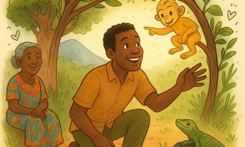 Un uomo — Amadou, ~35 anni — pelle scura, capelli corti, sorriso stupito, accovacciato per passare sotto un piccolo arco di rami intrecciati, mano tesa verso la luce del sentiero; una donna — Mami Fatou, anziana ~70 anni — volto rugoso ma benevolo, capelli grigi raccolti, vestito tradizionale colorato, seduta sotto un grande baobab a sinistra che guarda Amadou con orgoglio; una piccola scimmia dorata salta su un ramo sopra Amadou, pelo lucente, indica il sentiero; una lucertola verde si rilassa su una roccia nera a destra; luogo: alla base di una montagna blu, suolo rosso di argilla, erbe alte verdi, grande baobab sullo sfondo, luce calda del tardo pomeriggio filtrata tra le foglie, luci soffuse di lucciole e fiori gialli; situazione principale: Amadou scopre e attraversa un arco vegetale nascosto, luce dorata davanti a lui, espressione di meraviglia e promessa, atmosfera dolce e rassicurante, composizione centrata sull’arco e sugli sguardi benevoli degli altri.
