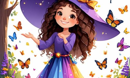 Al centro dell'immagine, Lila, un'apprendista strega di cinque anni, sorride luminosamente. Ha lunghi capelli ricci castani, un grande cappello viola con stelle dorate e un vestito colorato con motivi magici. Tende le mani verso un gruppo di bellissime farfalle multicolori che volano intorno a lei, con gli occhi pieni di meraviglia. A destra c'è Tom, un ragazzo di sei anni con capelli ricci e occhi scintillanti, che guarda Lila con ammirazione. Indossa una tunica blu e tiene un piccolo bastone magico. A sinistra, Mia, una ragazza di sette anni con capelli lisci e una corona di fiori, osserva attentamente le farfalle, sorridendo benevolmente. Indossa un vestito verde che si fonde con la natura. Lo sfondo è un giardino magico, pieno di fiori colorati, alberi maestosi e una luce soffusa che filtra tra le foglie. In lontananza si intravede l'Accademia Magica di Luminas, con i suoi muri di nuvole e finestre arcobaleno. La scena principale mostra Lila e i suoi amici mentre apprendono a far volare le farfalle grazie a un'incantesimo magico, creando un'atmosfera di gioia e meraviglia, con luci e colori vivaci che danzano attorno a loro.