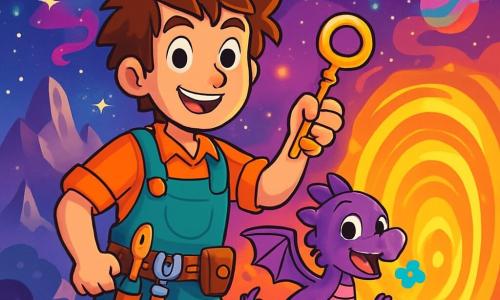 Leo, um jovem de cabelos desgrenhados e olhos curiosos, está no centro do palco, com um sorriso maravilhado. Ele usa um macaron de jardineiro intergaláctico, roupas coloridas e um cinto cheio de ferramentas mágicas. Ao seu lado, Fumacento, um pequeno dragão roxo com escamas brilhantes, bate as asas com entusiasmo, soltando pequenas faíscas de fogo azul. Ao fundo, uma paisagem fantástica se estende: montanhas flutuantes brilham sob um céu estrelado, enquanto nébulas coloridas dançam ao redor de planetas vibrantes. Naves espaciais em forma de vassouras sobrevoam a cena, adicionando um toque de magia. A cena principal mostra Leo e Fumacento se preparando para entrar em um portal giratório, que brilha com uma luz dourada e misteriosa. Leo, com uma expressão determinada e alegre, segura a chave dos portais, enquanto Fumacento parece pronto para a aventura, com os olhos brilhando de excitação.