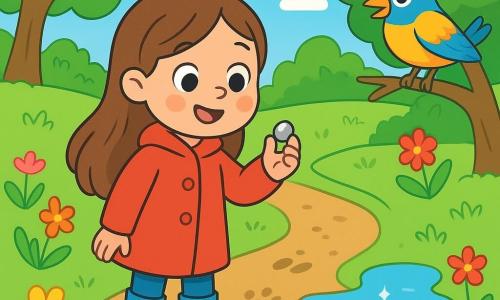 A 4-year-old girl with long brown hair and sparkling curious eyes wears a red jacket and blue boots. She smiles in wonder, holding a shiny little pebble in her hand. Next to her, a colorful bird with yellow and blue feathers joyfully sings on a branch, watching the girl with interest. The setting is a sunny garden filled with brightly colored flowers, tall trees with green leaves, and a small dirt path winding through the soft grass. In the distance, a large apple tree stands, its branches heavy with red apples. The main scene shows the girl following paw prints in the mud, carefully approaching a sparkling puddle, full of excitement and anticipation to discover what lies behind the bush.