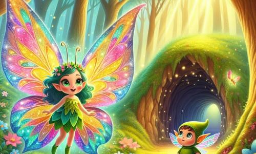 En un magnífico bosque encantado, una mariposa colorida llamada Lila, con alas brillantes como un arcoíris, vuela con determinación, su rostro radiante de emoción y valor. Se dirige hacia una cueva oscura, donde una bruma misteriosa flota alrededor de la entrada. Junto a ella, un pequeño duende llamado Pipo, con piel verde y orejas puntiagudas, observa la cueva con un mezcla de aprehensión y esperanza, sus ojos chispeando de curiosidad. Lleva un pequeño sombrero de hojas y sostiene una varita mágica brillante. El lugar es un claro mágico, rodeado de árboles majestuosos y flores que cantan suavemente al viento. La situación principal muestra a Lila y Pipo frente a la entrada de la cueva, listos para enfrentar el desafío de la bruja y recuperar la luz del bosque, con expresiones decididas en sus rostros.