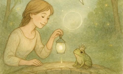 A young woman (about 20–25) with a soft smiling face and light brown hair in a loose braid holds a small glass lantern with a pale moonlike glow, tilts it so a drop of light falls onto an old smooth round-stone bridge over a stream; a tiny male toad crowned with dewdrop pearls sits at the bridge's center and looks up gratefully wearing a small crown of sparkling droplets, while a silver fish with blue-reflecting scales floats in the air like a leaf, forming a circle of light above them—tall trees with light-green leaves, golden fireflies, mossy ground and pale flowers complete the scene as the stone turns pearlescent, the toad smiles, and the fish dances in a calm, warm fairy-tale atmosphere.