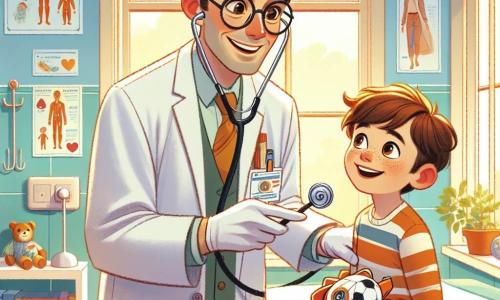 Um homem médico, o doutor Rui, sorridente e bondoso, usa um jaleco branco brilhante e óculos redondos. Seus cabelos castanhos estão levemente desgrenhados, e ele segura um estetoscópio enquanto escuta o coração de um garoto. O menino, Tomás, de 8 anos, tem cabelos castanhos e olhos curiosos. Ele está sentado em uma mesa de exame, segurando um pequeno boneco de plástico, seu astronauta, com um grande sorriso no rosto. O cenário é um consultório médico acolhedor, com paredes pintadas de azul claro, cartazes coloridos sobre saúde e brinquedos espalhados em uma prateleira. Uma janela deixa entrar a luz do sol, iluminando o ambiente e criando uma atmosfera acolhedora. A situação principal mostra o doutor Rui explicando a Tomás como cuidar de sua saúde e encorajando-o a não ter medo das consultas médicas.