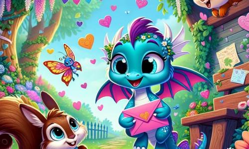 Uma pequena dragonesa azul, Lila, com asas cintilantes e um sorriso travesso, segura um envelope rosa com suas patas, seus olhos brilhando de curiosidade. Ao seu lado, um esquilo marrom chamado Fio, com uma cauda fofa e olhos redondos, salta de alegria, seu rosto iluminado pela excitação. Não longe, Zuzu, uma coelhinha vaidosa com grandes orelhas rosas, observa com um olhar intrigado, suas patas dianteiras no chão, pronta para pular.

O cenário é um jardim encantador, repleto de flores vibrantes, grandes árvores com folhas dançantes e guirlandas de corações de papel penduradas nos galhos. No centro, um velho banco de madeira coberto de trevos verdes, onde Lila encontrou o envelope misterioso.

A situação principal mostra Lila, Fio e Zuzu em plena caça ao tesouro, cercados por corações flutuantes e risadas, buscando pistas escondidas no jardim, prontos para descobrir o segredo do admirador misterioso.