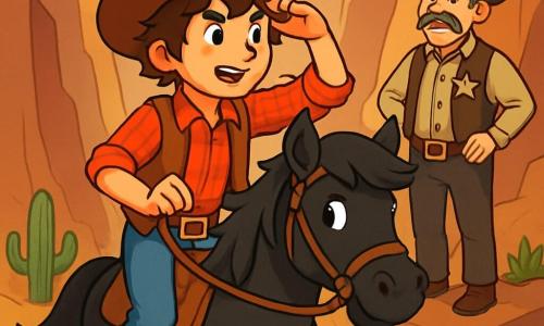 Ein junger Cowboy, Rico, 12 Jahre alt, mit zerzausten braunen Haaren und funkelnden Augen voller Entschlossenheit, reitet auf seinem schwarzen Mustang namens Thunder. Er trägt einen abgetragenen Cowboyhut, ein rotkariertes Hemd und eine Lederweste. Sein Gesicht zeigt eine Mischung aus Aufregung und Mut, während er den Horizont nach Banditen absucht. In der Nähe steht der Sheriff, ein Mann in den Fünfzigern mit grauem Schnurrbart und weisem Blick, auf einem Felsen. Er trägt eine traditionelle Cowboy-Uniform mit einem glänzenden Stern auf der Brust und beobachtet Rico stolz, bereit, ihm Ratschläge zu geben. Die Szenerie ist eine enge Schlucht mit steilen Felswänden und geheimnisvollen Schatten. Der Boden ist mit goldenem Staub bedeckt, und einige verstreute Kakteen fügen diesem trockenen Landschaftsbild einen Hauch von Grün hinzu. Die Hauptsituation zeigt Rico, der sich konzentriert und bereit ist, sich auf das Abenteuer einzulassen, während der Sheriff ihn stillschweigend ermutigt, was eine Atmosphäre von Spannung und Erwartung schafft.
