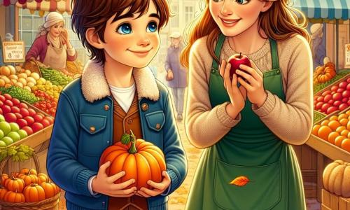 Un niño de 10 años, Lucas, con cabello castaño y ojos llenos de curiosidad, está en medio de un mercado de productores. Lleva una chaqueta azul y jeans, sonriendo con entusiasmo mientras sostiene una pequeña calabaza naranja en sus brazos. A su lado, su madre, una mujer de unos treinta años con cabello largo y castaño, lleva un delantal y examina manzanas rojas brillantes en un puesto. Ella le sonríe con orgullo, compartiendo este momento de complicidad. El mercado está animado, lleno de puestos coloridos repletos de frutas y verduras de otoño, con hojas doradas cayendo suavemente de los árboles circundantes. La escena transmite un ambiente cálido y alegre, capturando el espíritu del otoño y la magia de los momentos en familia.