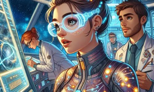 In het midden van de afbeelding staat Elena Voss, een vrouw van rond de dertig met een bruine bun en futuristische bril, die diepe nieuwsgierigheid en verwondering uitdrukt. Ze draagt een glanzend ruimtepak met fonkelende lichten en staat voor een groot controlepaneel, terwijl ze met een enthousiaste glimlach gegevens bekijkt. Naast haar observeert een jonge man, Alex, ongeveer 25 jaar oud met kort haar en een lichte baard, aandachtig het scherm. Hij draagt een laboratoriumjas en maakt aantekeningen op een tablet, met een geconcentreerde uitdrukking. Op de achtergrond past een ander teamlid, Mira, 28 jaar oud met rood haar en een bril, een complex apparaat aan, omringd door verschillende technologische apparatuur en met een vastberaden blik. De scène speelt zich af in de cockpit van een futuristisch ruimteschip, vol met heldere controlepanelen, holografische schermen die sterrenkaarten en realtime gegevens tonen. Panoramavensters onthullen een spectaculair kosmisch landschap met fonkelende sterren en een kleurrijke nevel op de achtergrond. De hoofdactie toont Elena en haar team die zich voorbereiden op een gedurfde ruimte missie, terwijl ze een mysterieuze signaal van een verre galaxy ontdekken, klaar om het onbekende met enthousiasme en vastberadenheid te verkennen.