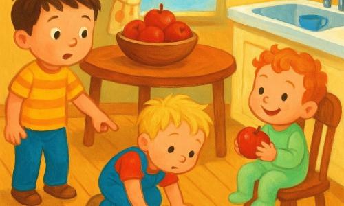 Three boys in a warm, sunny small kitchen with light wooden floors and a round varnished table holding a bowl of red apples: Ben (3) with short brown hair and a yellow striped T‑shirt stands left of the table pointing at a trail of water drops on the floor; Max (almost 3) with messy blond hair in blue overalls crouches at the center examining the drops; Sam (2), the little brother with curly red hair in light green pajamas, sits on a chair by the white sink on the right holding a shiny red apple and smiling; a small blue cup with apple pieces sits in the sink, soft sunlight comes through a polka‑dot curtained window, bright colors, rounded shapes, and cheerful expressions.