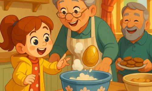 The 6-year-old girl is joyful and wide-eyed, wearing a bright yellow raincoat, a polka-dot dress and boots, reaching to tap a large blue ceramic mixing bowl decorated with flowers; the grandmother, about 65, smiling with gray hair in a bun and a striped apron, stands behind the counter leaning encouragingly toward her; the grandfather, about 68, calm and affectionate with a short graying beard, sits nearby laughing softly while holding a plate of cookies; the bright, welcoming kitchen has a blond wood countertop, colorful spice jars, a red-check curtain, a bowl of cookie dough and light dustings of flour, warm rays of sunlight through the window; the key moment shows the girl tapping the bowl three times as a small puff of flour rises and a large gold-wrapped chocolate egg gently falls into the bowl, creating a soft, colorful, surprising scene focused on gestures and expressions.