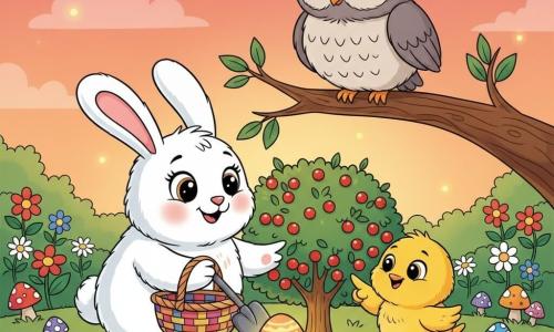 A small white plush rabbit with long rounded ears, big shining eyes and a joyful, tender expression holds a colorful wicker basket and gently digs under a small red-berried bush; a fluffy yellow chick with curious round eyes hops beside the rabbit pointing at the bush; a soft-feathered gray owl with kind, wise eyes perches on a branch above, watching with a calm smile; a spring meadow at dusk with tender green grass dotted with white daisies, a red-berried bush at the center, flower patches and colorful mushrooms, and an orange-pink sky with fireflies; the rabbit discovers a softly glowing Easter egg painted with yellow and orange patterns, all characters gathered around in a warm atmosphere, bright colors and a simple rounded cartoon style with clear expressions for children.