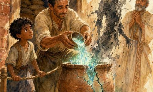 An adult potter with a sun-weathered face and short black hair, hands dirty with clay, gently pours a luminous blue-green water called 