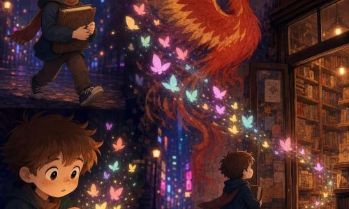A 10-year-old boy with a round freckled face, messy brown hair and wide curious eyes holds an old book to his chest with a determined, awed expression as he steps lightly; he peers at pages that release small colorful lights like ink‑butterflies, which a large red-and-gold graffiti phoenix on a wall seems to guide toward the entrance of a narrow crooked bookstore—dark wooden shelves to the ceiling, a fogged window with yellowed posters and an old glass door opening onto a cobbled alley strewn with autumn leaves—while floating luminous, pastel, paperlike silhouettes swirl between boy and phoenix in a soft nighttime scene lit by warm shop light against sharp neon contrasts, composition centered on their encounter.