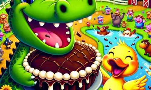 Un coccodrillo felice di nome Croc, con una pelle verde brillante e grandi occhi rotondi scintillanti di malizia, si trova al centro della scena, tenendo una enorme torta al cioccolato pronta per essere lanciata. Ha un ampio sorriso sul volto, mostrando i suoi denti bianchi e lucenti. Accanto a lui, un piccolo anatra gialla di nome Quack, con piume brillanti e un becco arancione, ride a crepapelle, con le ali aperte, pronta a prendere una torta. La scena si svolge in una fattoria colorata, con campi verdi sullo sfondo, fiori multicolori e un grande fienile rosso. Animali curiosi, come un maiale rosa e una mucca pezzata, guardano la scena con occhi sgranati, ridendo e applaudendo. Croc e Quack partecipano a una corsa esilarante in cui si lanciano torte di panna l'uno contro l'altro, creando un'esplosione di colori e risate, mentre spruzzi di panna e cioccolato volano nell'aria, aggiungendo un tocco di magia a questa gioiosa competizione.