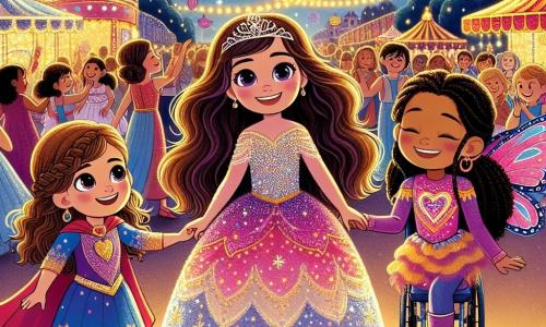 In het midden van de afbeelding zijn drie vriendinnen samengekomen om carnaval te vieren. Lila, een 8-jarig meisje met lange bruine haren en sprankelende ogen, draagt een prachtige prinsessenjurk versierd met glitters en kleine schitterende sterren. Rechts van haar staat Noor, een 9-jarig meisje met vlechten en een grote glimlach, verkleed als superheldin met een wapperende rode cape. Links zit Sara, een 8-jarig meisje in een rolstoel, met krullend haar en een kleurrijk vlinderkostuum met glanzende vleugels die lijken te willen opstijgen. De achtergrond is een levendig park, vol met kleurrijke kraampjes, zwevende ballonnen en stralende bloemen. Lichtjes versieren de ruimte, terwijl groepen mensen vrolijk om hen heen dansen. In de achtergrond paradeert een grote optocht met versierde wagens en levendige muzikanten. De drie vriendinnen dansen samen, lachend en zich vermakend, terwijl ze zich naar een blije clown begeven die ballonnen in de vorm van een vlinder, ster en superheld vasthoudt, klaar om deel te nemen aan het carnaval.