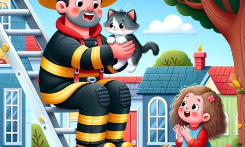 Un bombero llamado Pablo está en la cima de una escalera roja brillante, sonriendo con orgullo y determinación. Lleva un casco amarillo y un traje de bombero rojo, con botas negras, y sostiene delicadamente un pequeño gatito gris de ojos redondos y curiosos en sus brazos. Al lado de la escalera, una niña de unos 6 años, con cabello rizado y un vestido azul, mira a Pablo con admiración. Ella aplaude, asombrada por el valor del bombero. El escenario se desarrolla en un encantador pueblo, con casas coloridas, árboles verdes y un cielo azul con nubes blancas. Un gran roble se alza cerca, donde el gatito estaba atrapado en las ramas. La situación principal muestra a Pablo salvando al gatito, mientras la niña aplaude, llena de asombro y alegría, creando una atmósfera de camaradería y valentía.