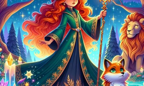 Althea is a young mage with fiery red hair, dressed in an emerald green velvet robe adorned with golden patterns. Her face shows fierce determination as she raises her magic staff, topped with a sparkling gemstone, towards the starry sky. Beside her is a small fox with sparkling eyes, her friend and companion, encouraging her with an admiring look. The setting is an enchanted clearing in the Whispering Forest, surrounded by majestic trees with luminous leaves. Colorful flowers and sparkling crystals dot the ground, while a soft silver light emanates from the moon, creating a magical atmosphere. The main scene shows Althea ready to confront the Forest Guardian, an imposing lion statue that comes to life before her. The lion, with its bright eyes and majestic demeanor, poses a riddle to Althea, while the fox watches with palpable curiosity.