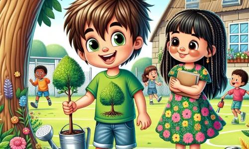 Um menino de 10 anos, chamado João, está no centro da imagem, com um grande sorriso no rosto e os olhos brilhando de entusiasmo. Ele tem cabelos castanhos bagunçados, usa uma camiseta verde vibrante com um motivo de árvore e um short de jeans. João está plantando uma pequena muda de árvore no solo, cercado de terra e algumas ferramentas de jardinagem. Ao lado dele, sua melhor amiga Ana, uma menina de 9 anos, observa admirada. Ela tem longos cabelos negros trançados e veste um vestido colorido com flores. Ana segura um regador e parece pronta para regar a jovem planta. Ao fundo, há um pátio escolar animado, com crianças jogando futebol e outras desenhando em quadros de madeira. Árvores já desenvolvidas oferecem sombra, e flores coloridas margeiam os caminhos. A cena principal mostra João e Ana, determinados e alegres, plantando árvores para combater a mudança climática, simbolizando a esperança e o compromisso dos jovens por um futuro melhor.