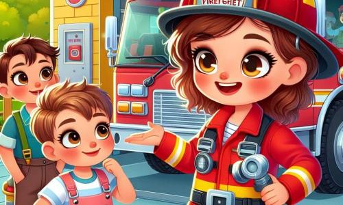 Una giovane donna pompiere, Laura, si erge fiera davanti a un grande camion dei pompieri rosso, con un casco lucido in testa e un sorriso caloroso sul volto. Indossa un'uniforme rossa e gialla, e i suoi occhi brillano di entusiasmo e determinazione mentre spiega il funzionamento del camion ai bambini. Accanto a lei, un ragazzo di nome Marco, di circa 8 anni, con un cappellino blu e capelli castani, la ascolta attentamente, gli occhi spalancati per la meraviglia. Tiene in mano un piccolo tubo da giardino di plastica, imitando Laura con un grande sorriso. Sofia, una ragazza di 7 anni con capelli ricci e un vestito rosa, si trova un po' indietro, con le mani sui fianchi, ammirando il camion mentre ascolta la conversazione. La scena si svolge in una caserma dei pompieri colorata, con muri dipinti di giallo vivo e attrezzi da pompiere appesi. Sullo sfondo si vedono alberi verdi e un cielo blu soleggiato, creando un'atmosfera gioiosa e accogliente. La situazione principale mostra Laura mentre condivide la sua passione per il mestiere di pompiere con i bambini, spiegando le diverse parti del camion e l'importanza del lavoro di squadra, trasmettendo un messaggio di coraggio e amicizia.