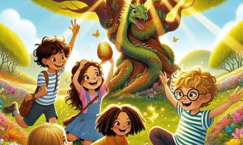 In einer sonnigen Lichtung versammeln sich vier Kinder um einen großen Baum, der wie ein Drache aussieht. Mia, ein 8-jähriges Mädchen mit großen braunen Locken und einem strahlenden Lächeln, hält ein goldenes Schokoladenei in ihren Händen und strahlt vor Freude. Links von ihr hebt Leo, ein 9-jähriger Junge mit zerzausten blonden Haaren, die Arme zum Sieg, seine Augen funkeln vor Aufregung. Rechts schaut Sophie, ein 7-jähriges Mädchen mit Zöpfen und einem bunten Kleid, neugierig auf die Karte, die sie gefunden haben. Schließlich hockt Ben, ein 8-jähriger Junge mit Brille und gestreiftem T-Shirt, nahe dem Baum und untersucht aufmerksam den Boden. Die Lichtung ist von leuchtenden Blumen umgeben, und die Sonne scheint durch die Blätter, wodurch helle Muster auf den Boden entstehen. Der Drachenbaum mit seinen verdrehten Ästen und seiner rauen Textur scheint fast lebendig zu sein und verleiht der Szene einen Hauch von Magie. Die Kinder feiern ihre Entdeckung des wertvollen goldenen Eis, das ein Symbol ihrer Freundschaft und des Abenteuers ist, das sie gemeinsam erlebt haben.